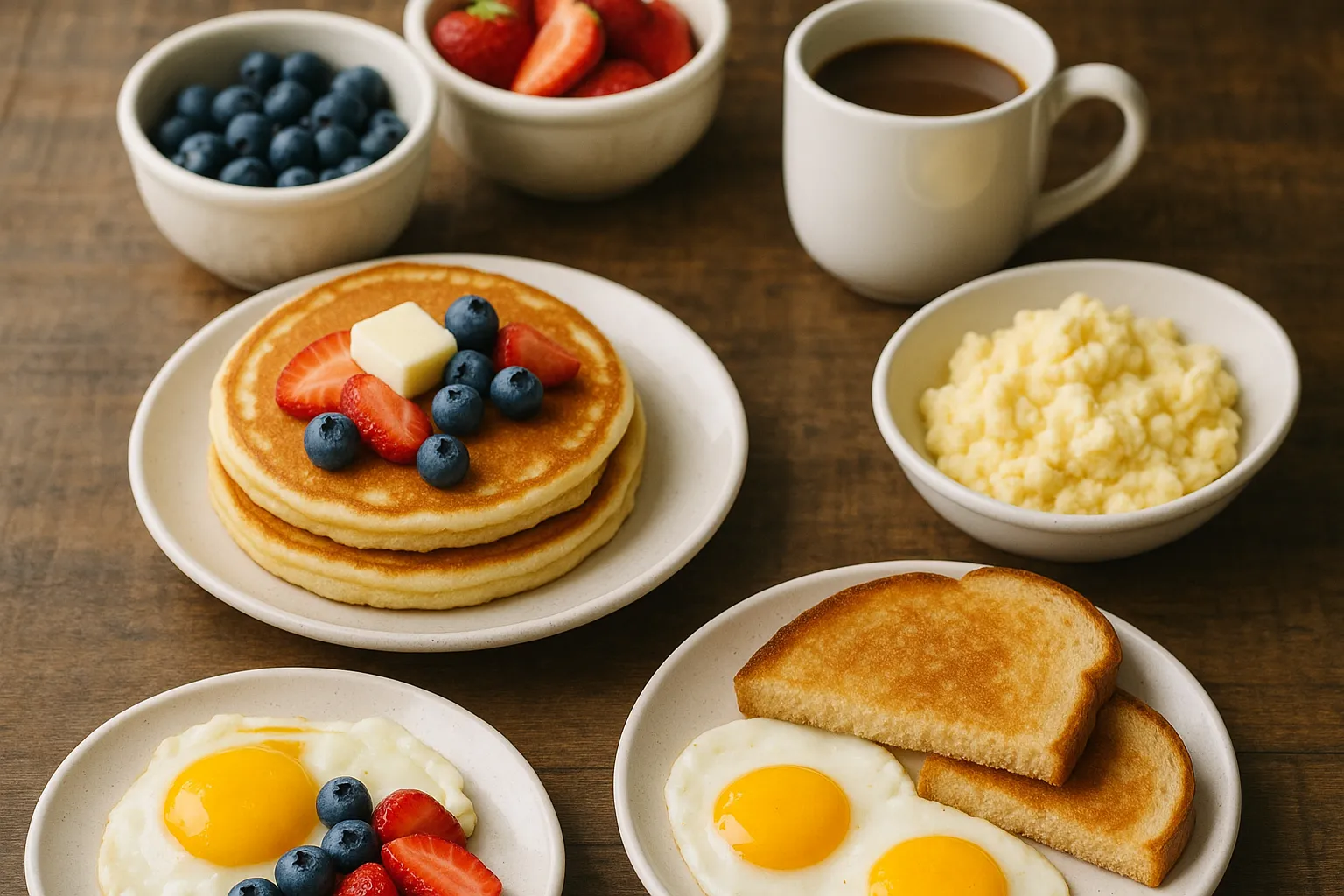 A breakfast plate with eggs, toast, and fruit.