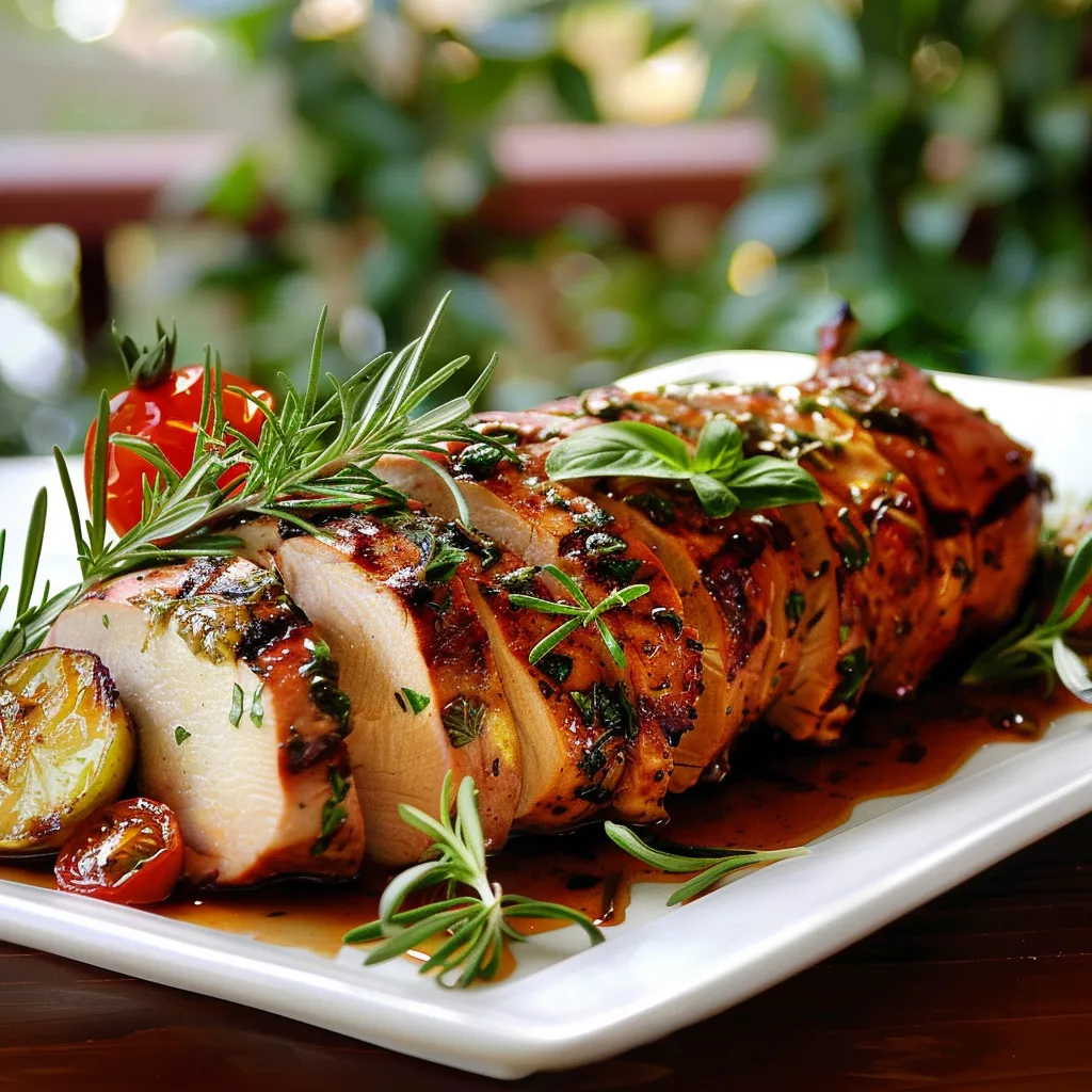 A plate of meat with herbs on it.