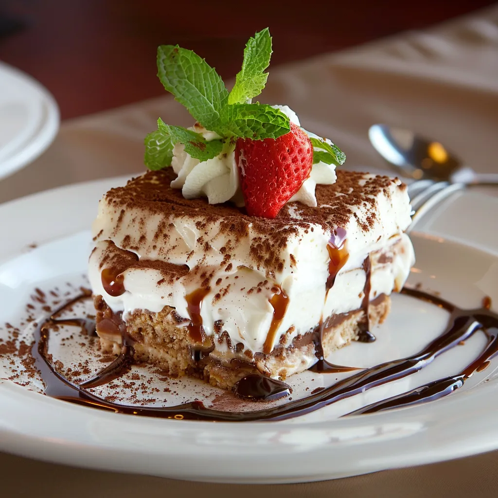 A slice of cake with strawberry and mint toppings.