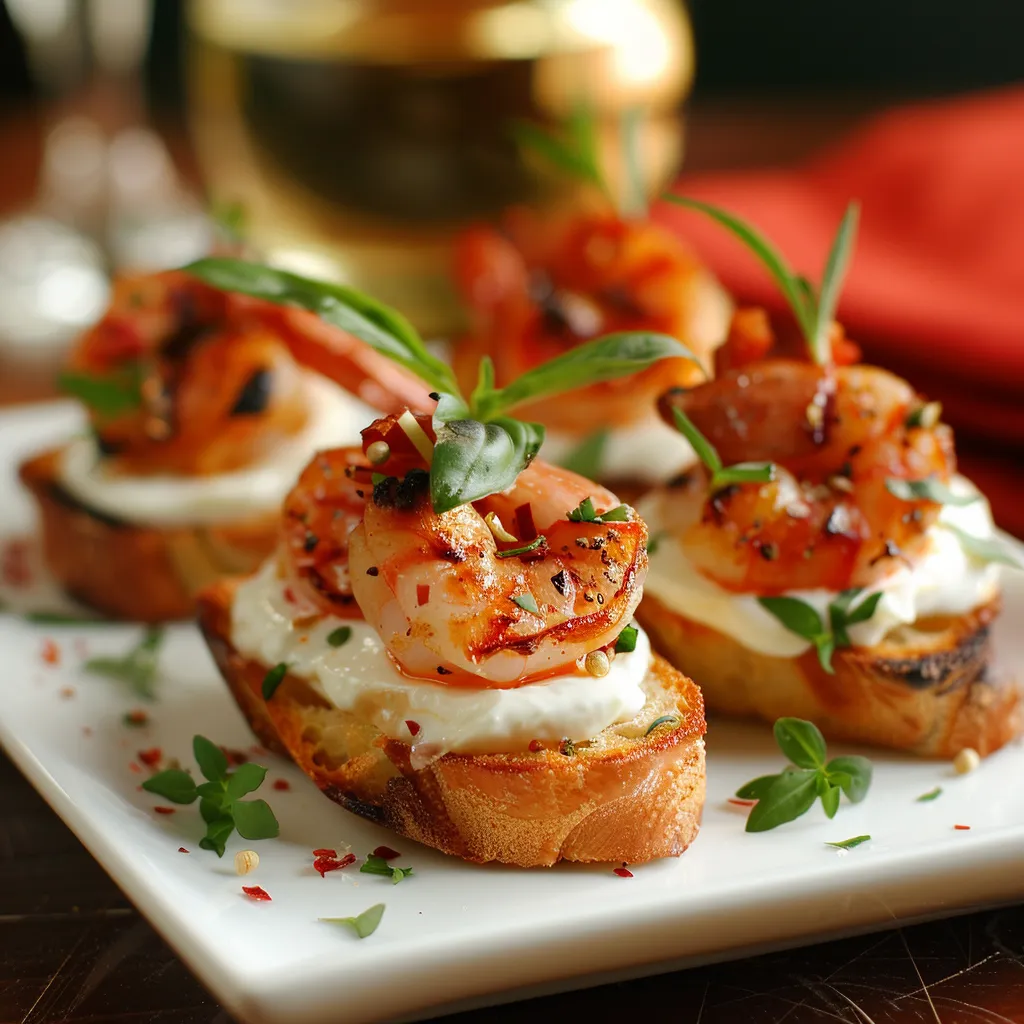 Shrimp on toast with white sauce.
