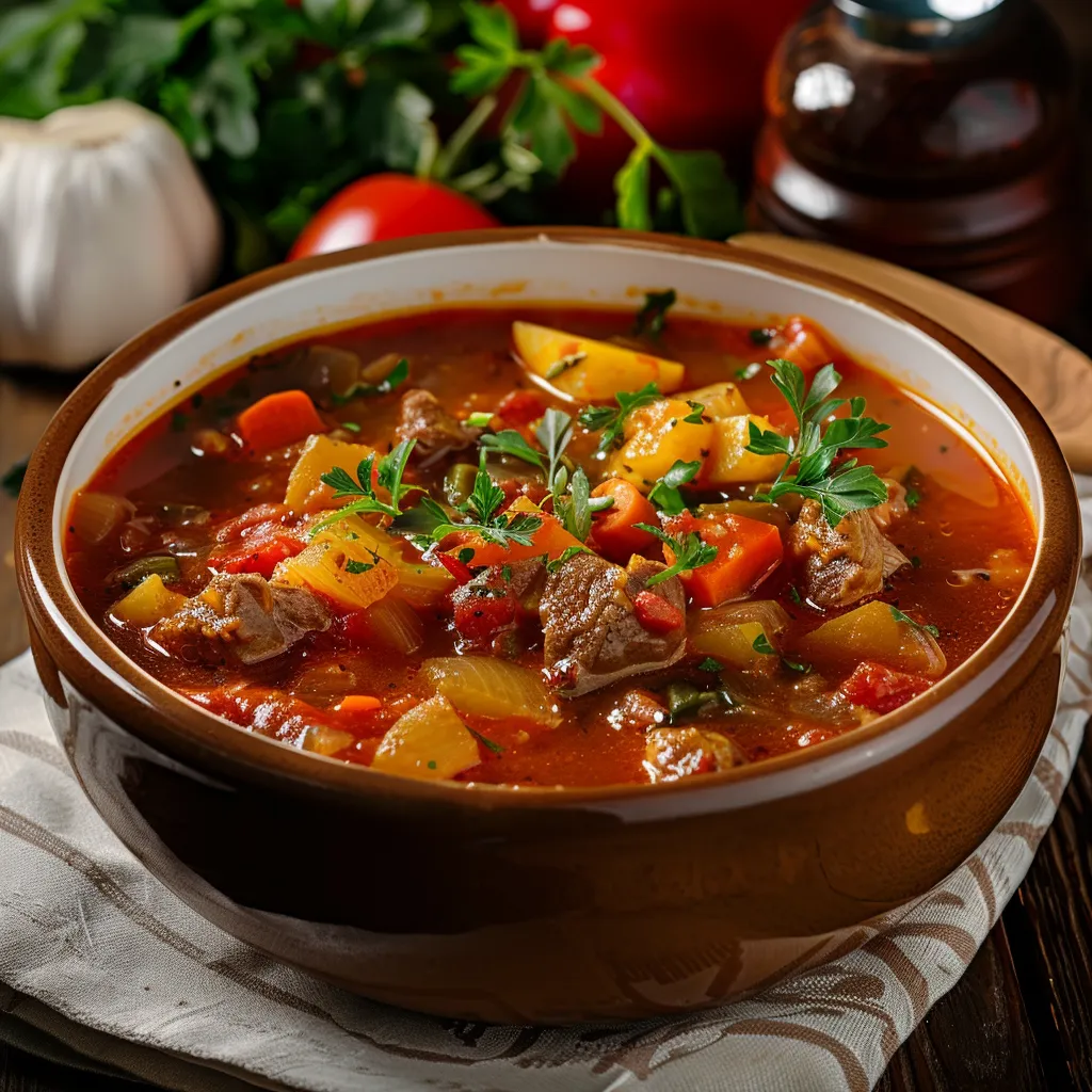 A bowl of soup with meat and vegetables.