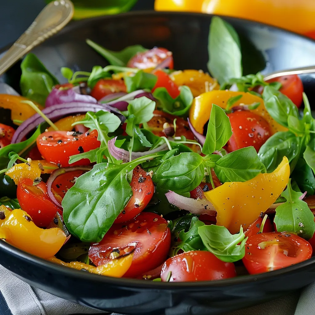 A bowl of salad with tomatoes, spinach, and onions.