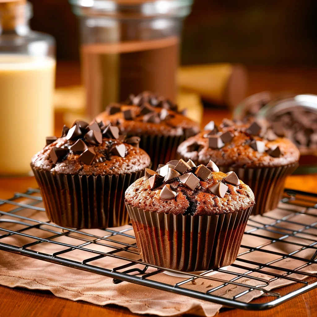 Chocolate cupcakes with chocolate chips on a cooling rack.