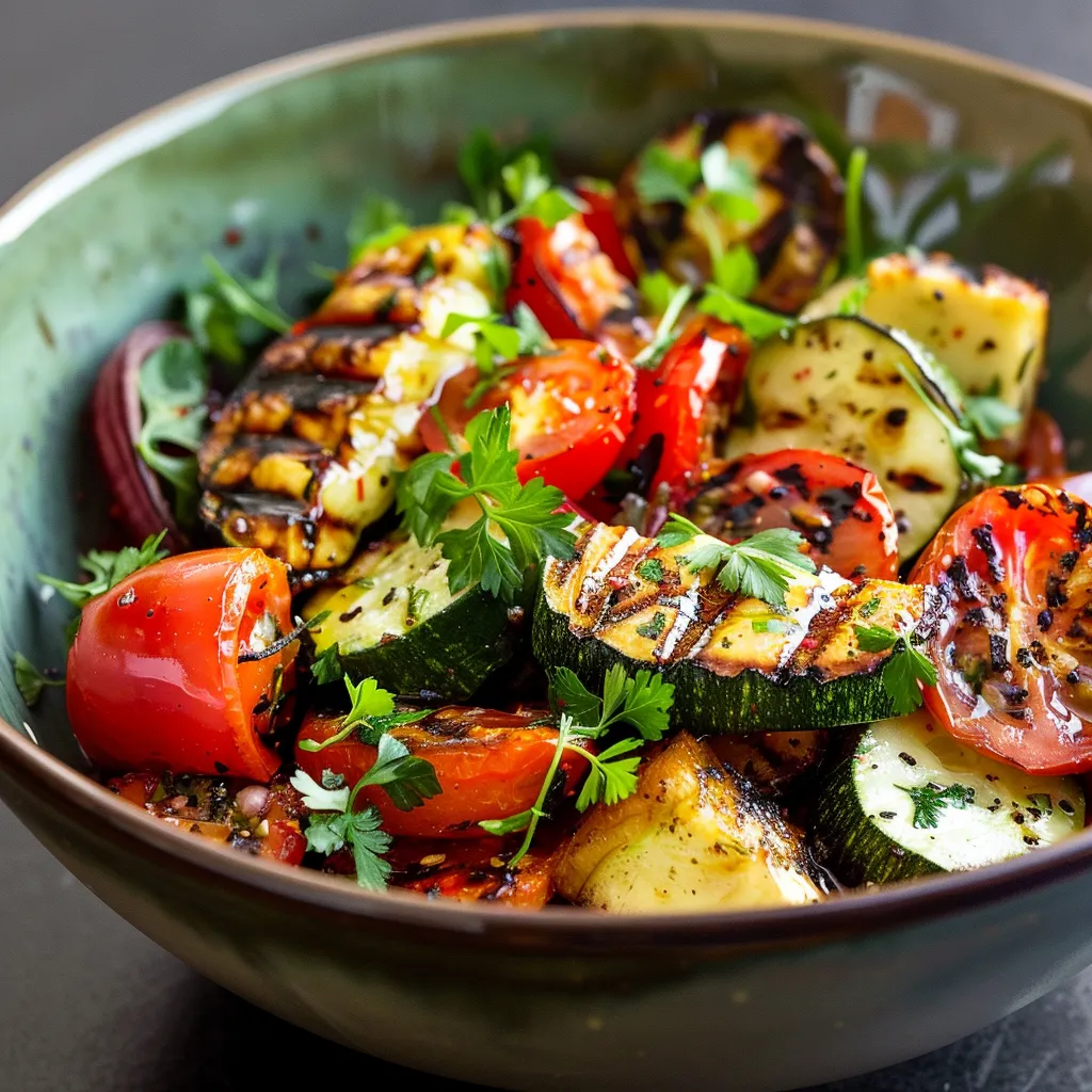 A bowl of vegetables with tomatoes, zucchini, and basil.