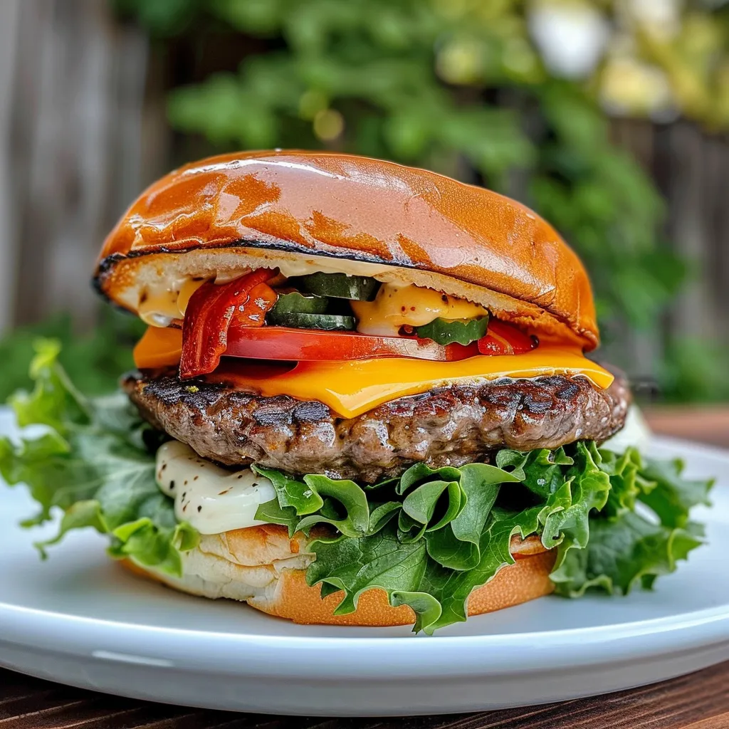 A burger with lettuce, tomato, and cheese.