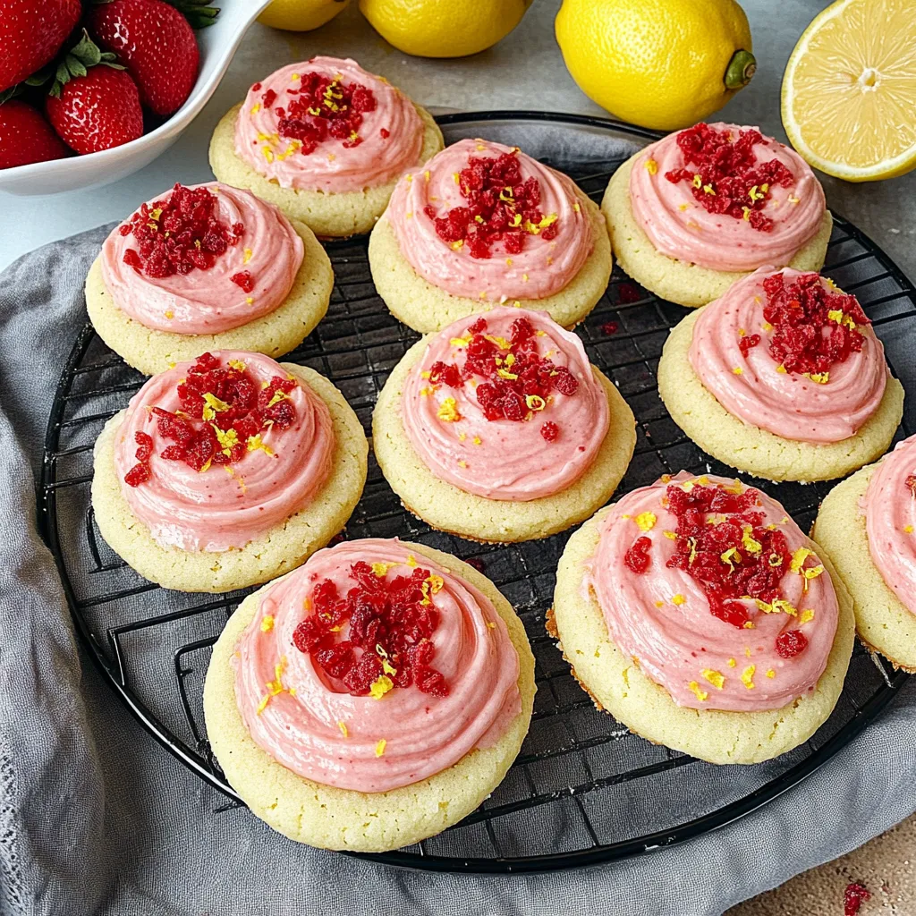A tray of cookies with pink frosting and red fruit on top.