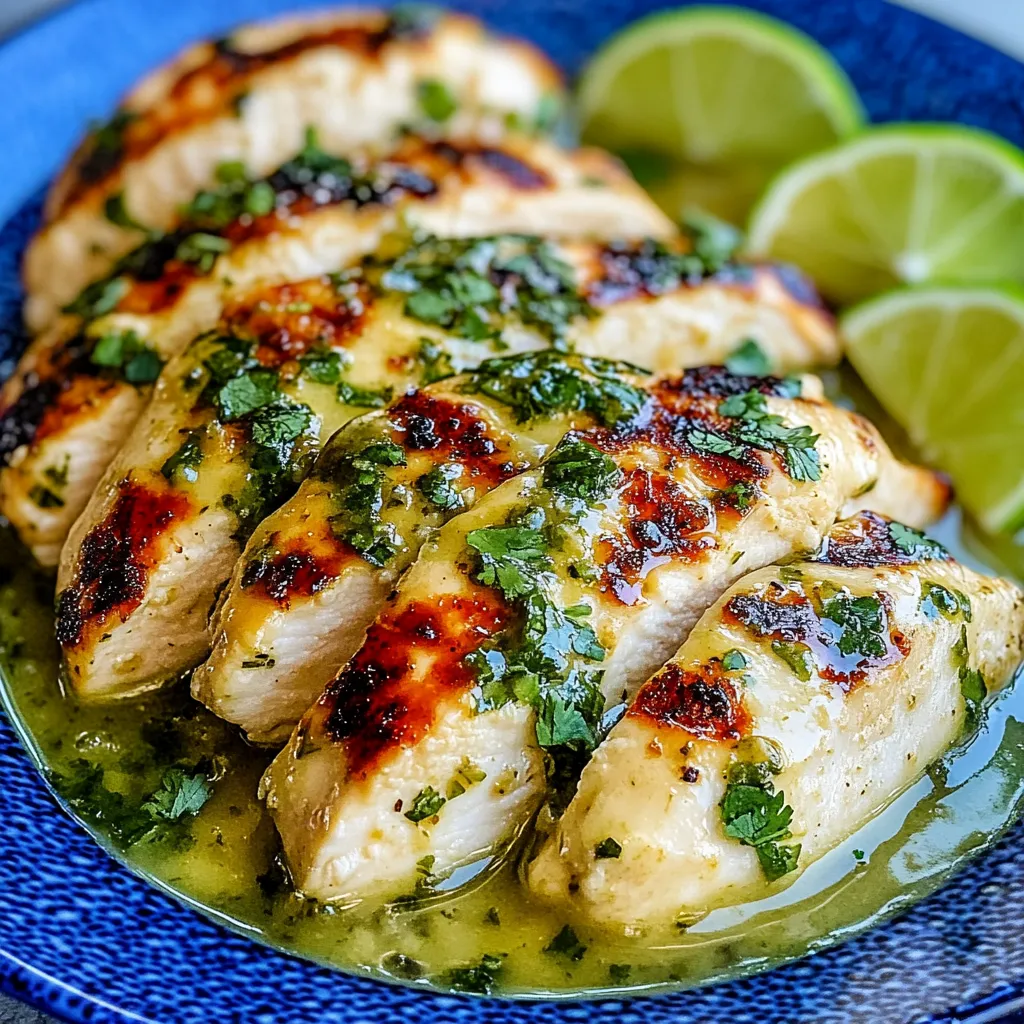 A plate of chicken with lime wedges.