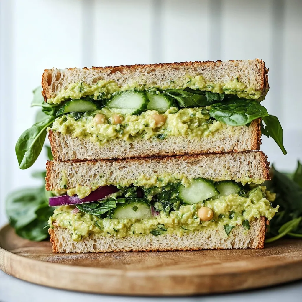 A sandwich with lettuce, cucumber, and chickpeas.