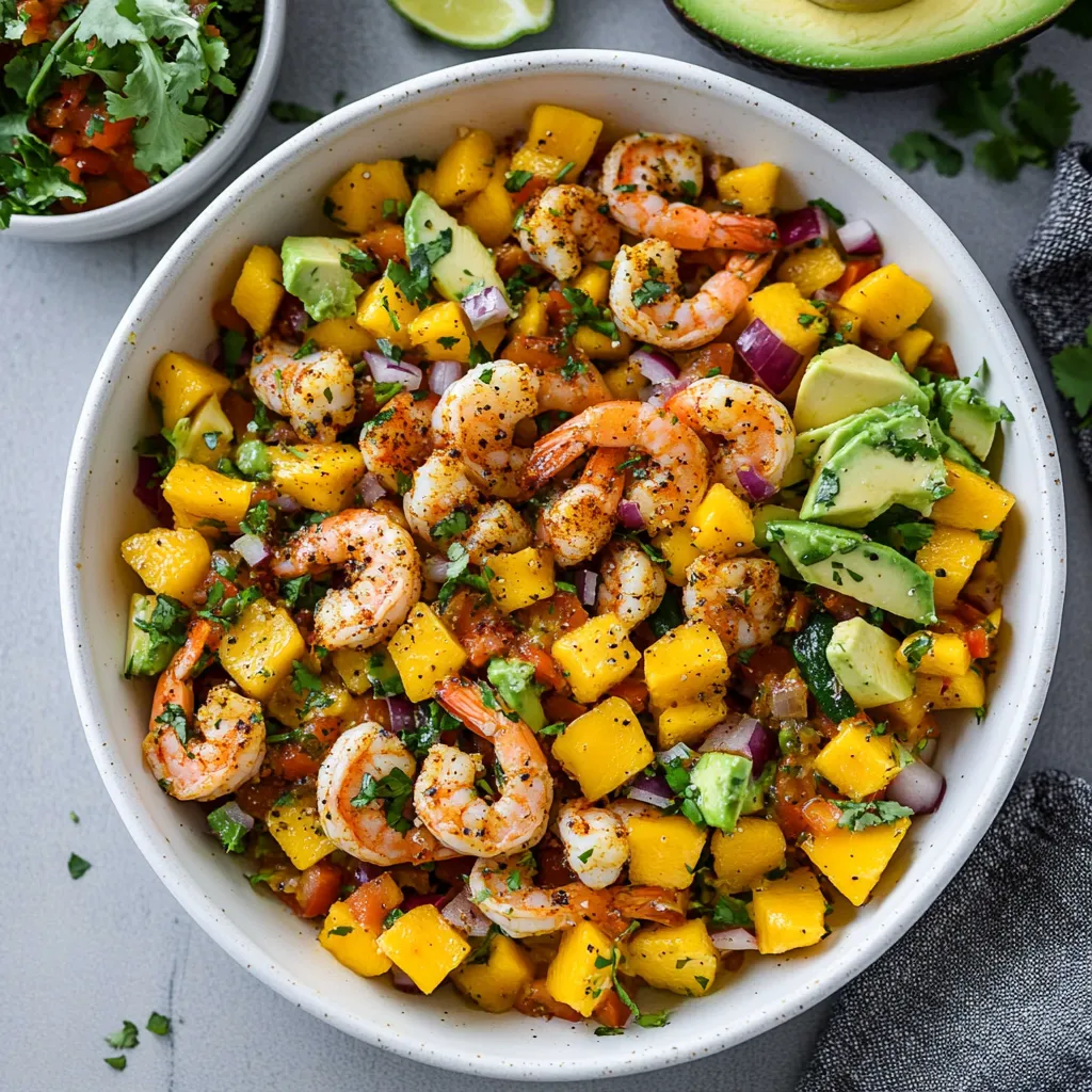 A bowl of shrimp and vegetables.