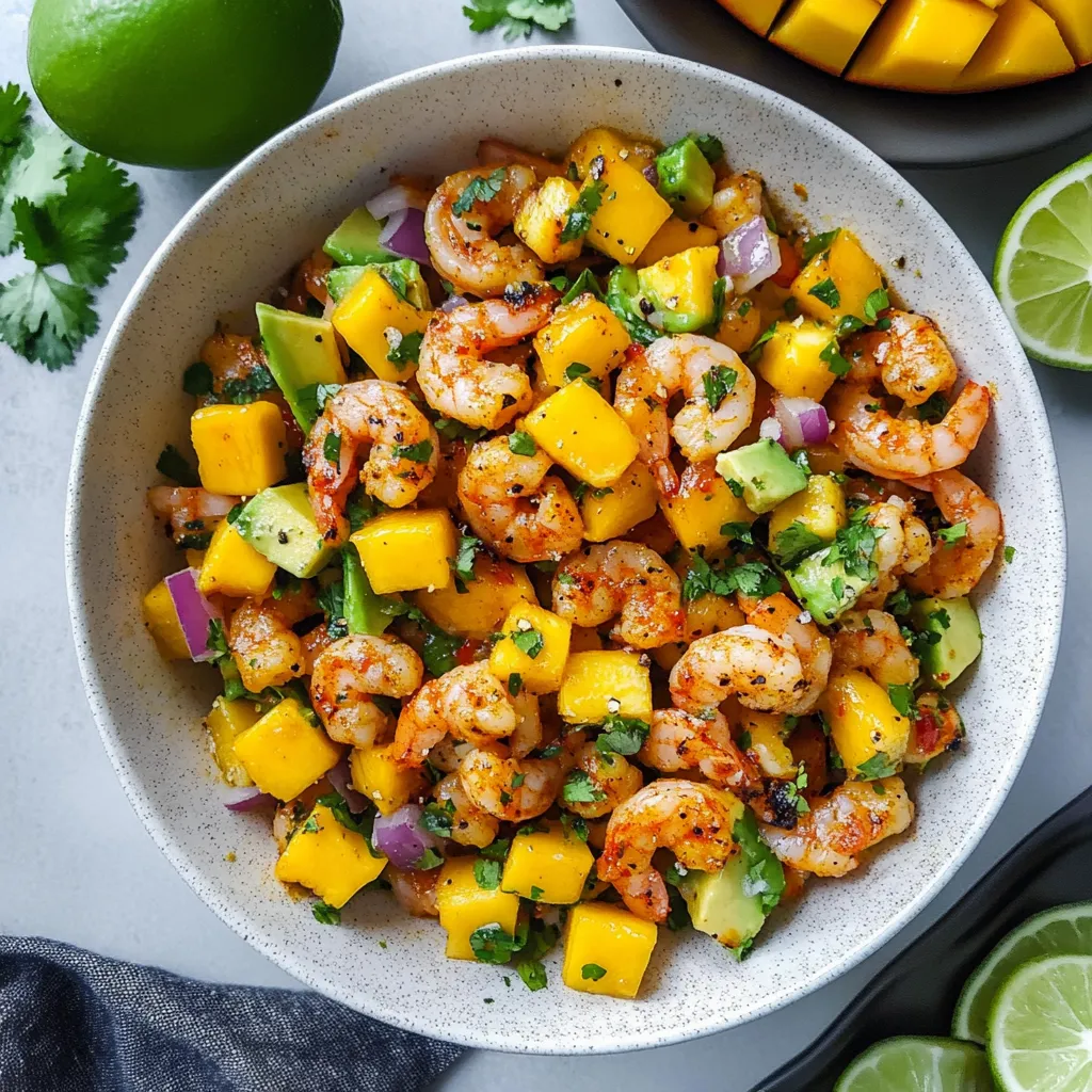 A bowl of shrimp and mango salad.