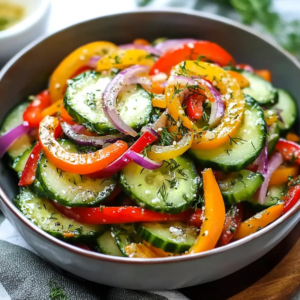 A bowl of vegetables including cucumbers, peppers, and onions.