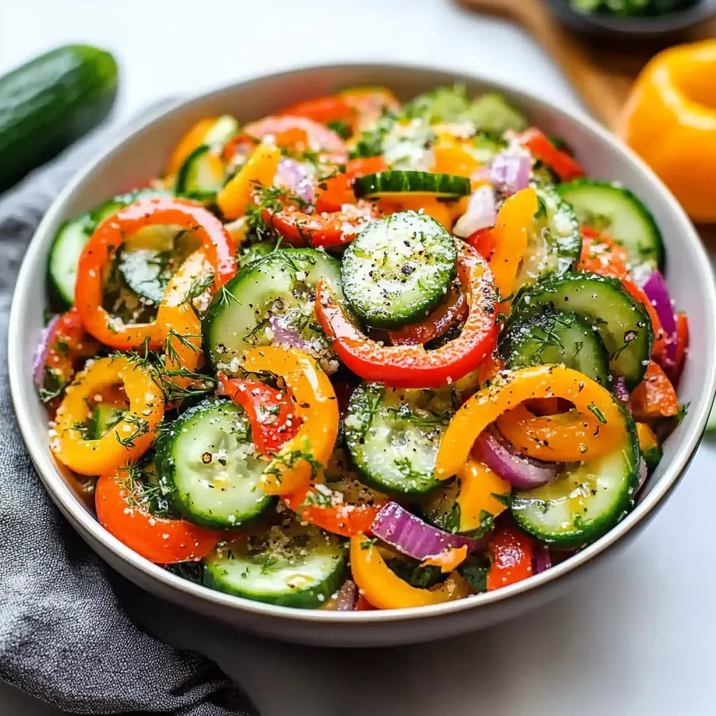 A bowl of vegetables including cucumbers, peppers, and onions.