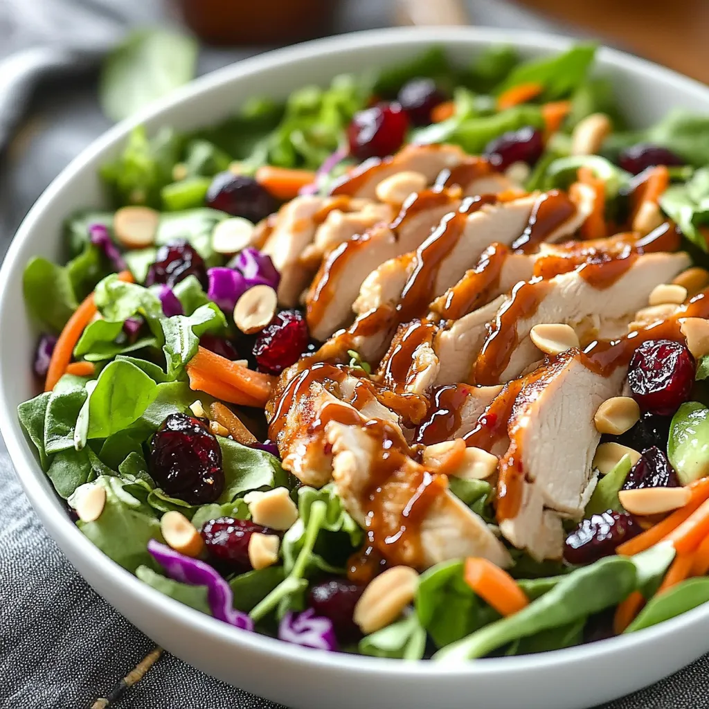 A bowl of salad with chicken and nuts.