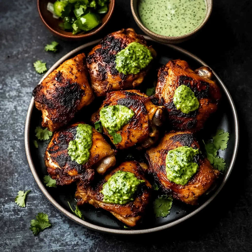 A plate of chicken with sauce and garnish.