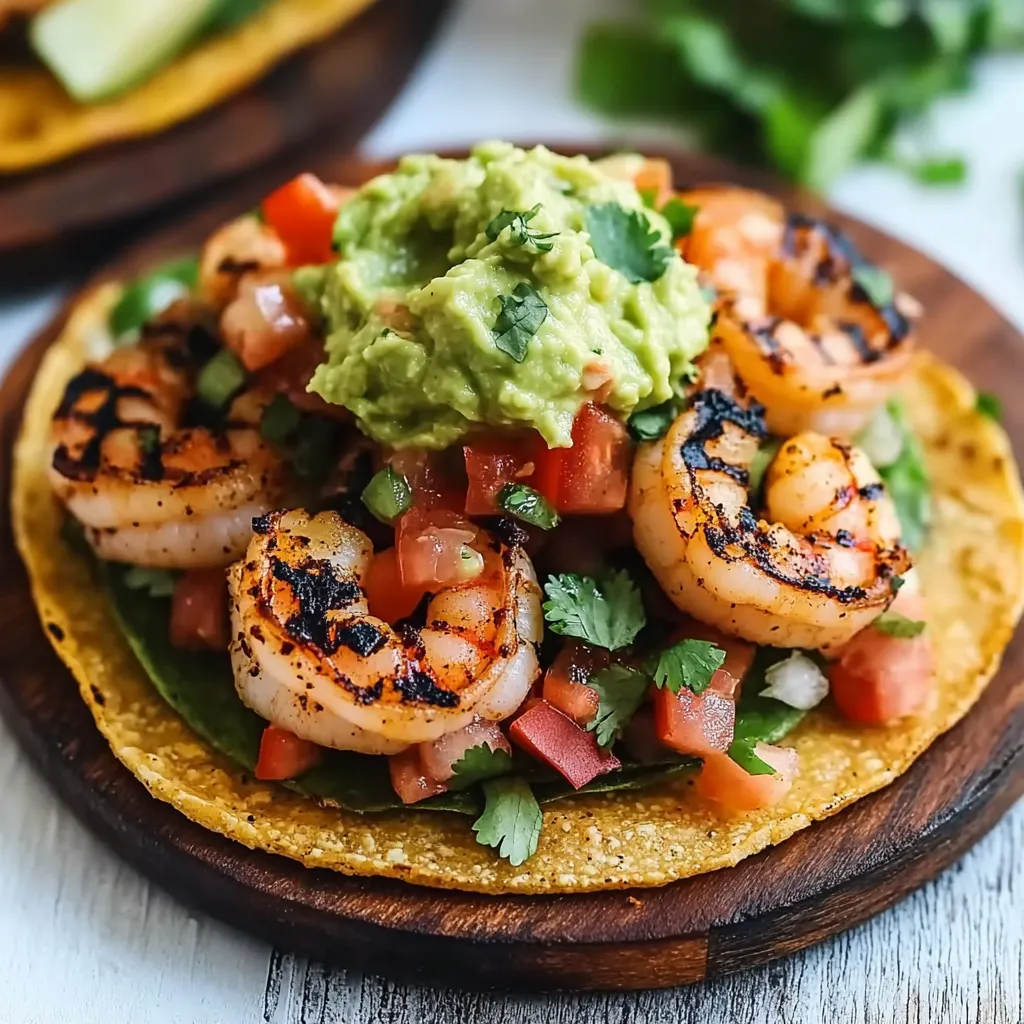 A plate of food with shrimp and guacamole.