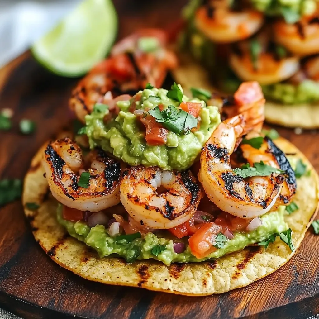A stack of shrimp tacos with guacamole and tomatoes.