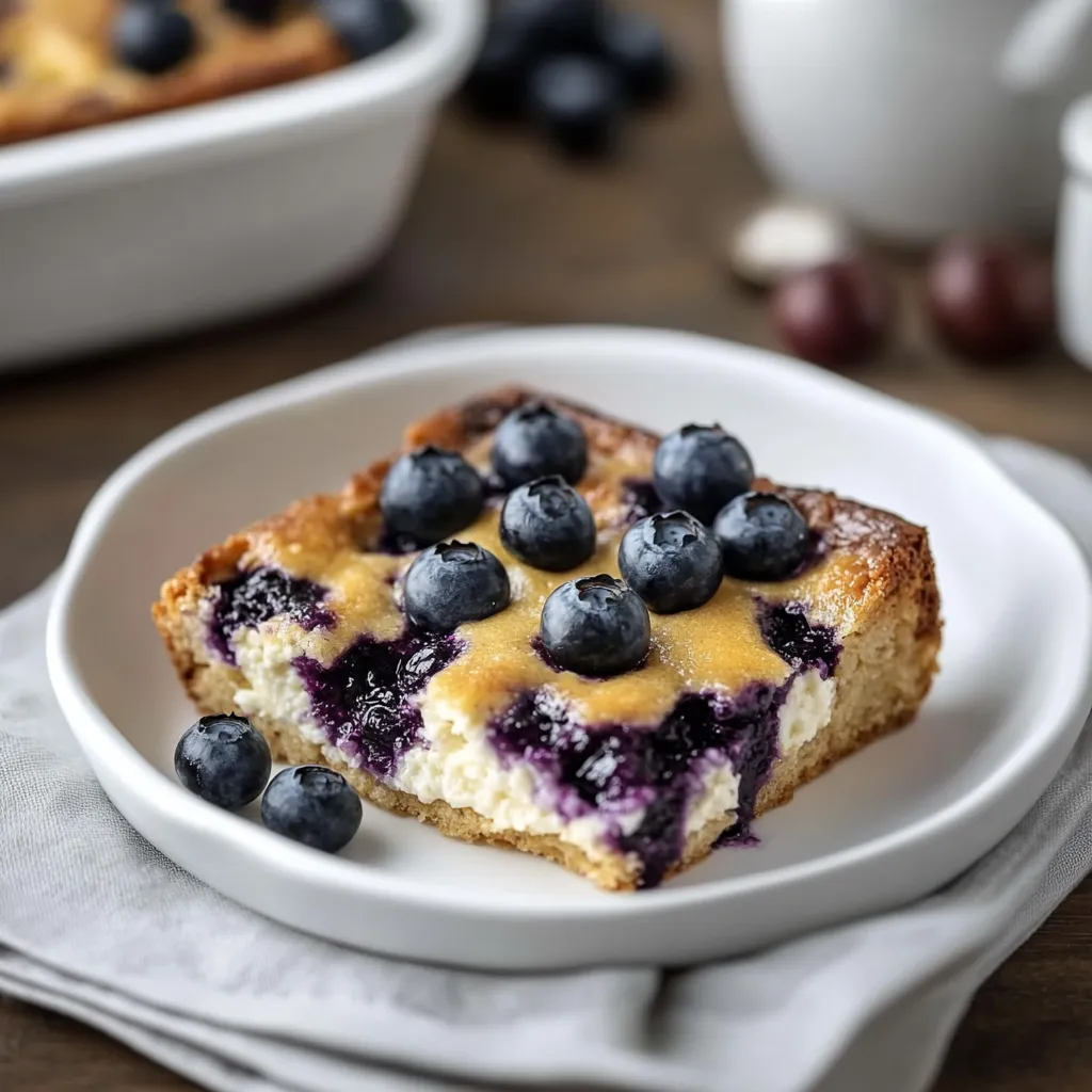 A slice of blueberry cake on a white plate.