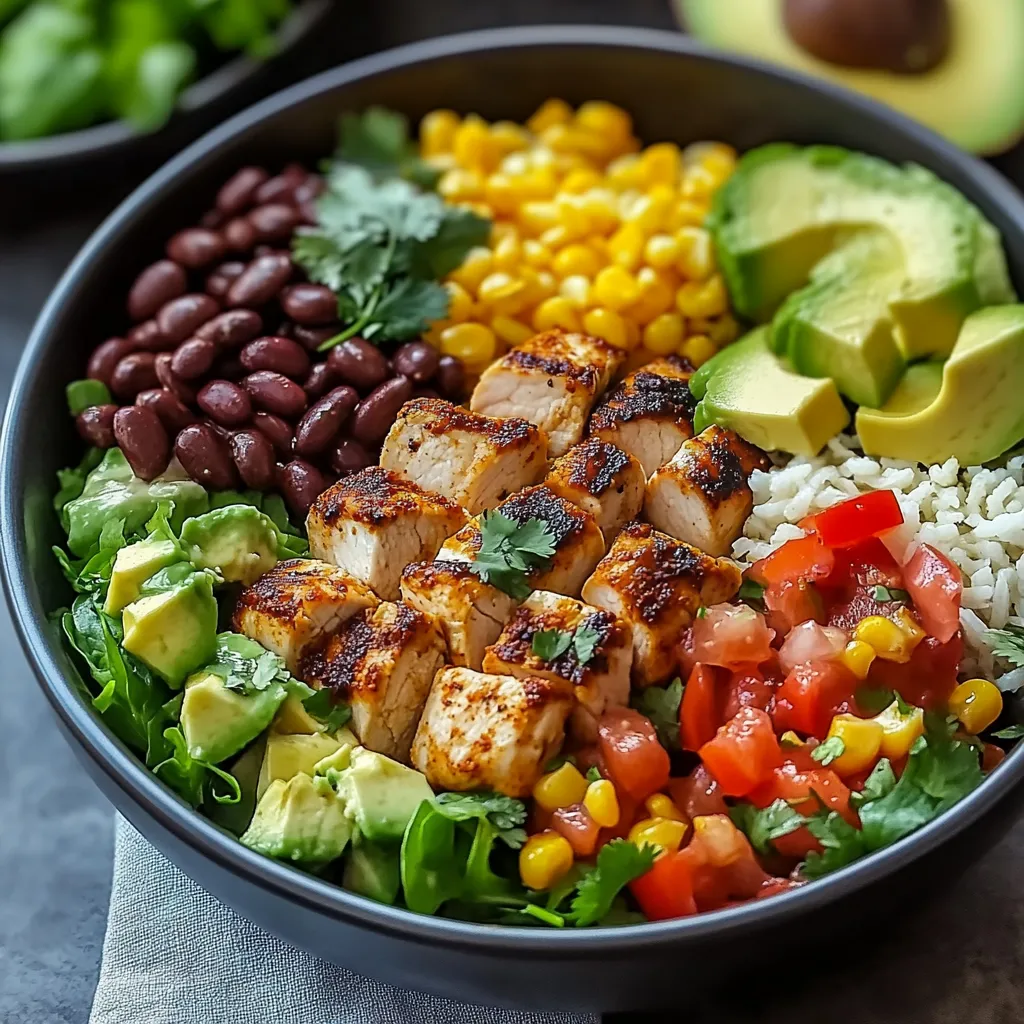 A bowl of food with chicken, beans, corn, tomatoes, and avocado.
