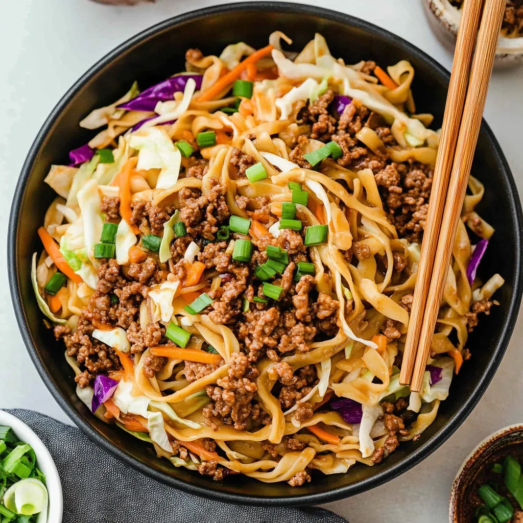 A bowl of noodles with meat and vegetables.