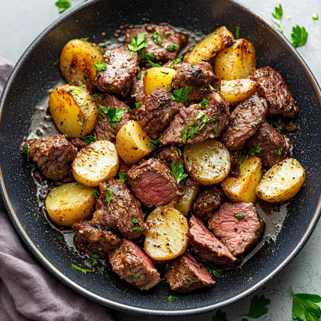 A bowl of meat and potatoes.