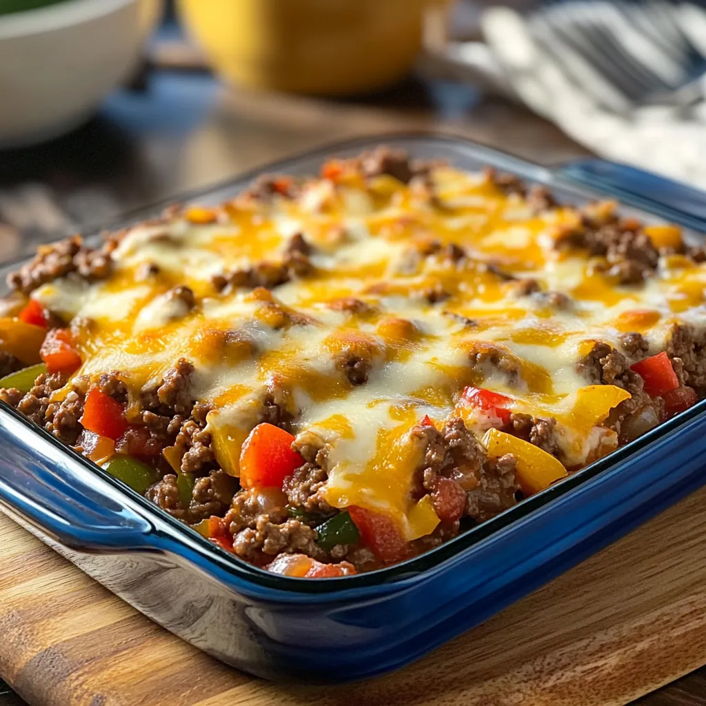 A blue dish with a casserole in it.