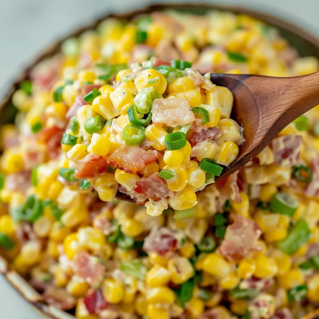 A wooden spoon is used to scoop corn.