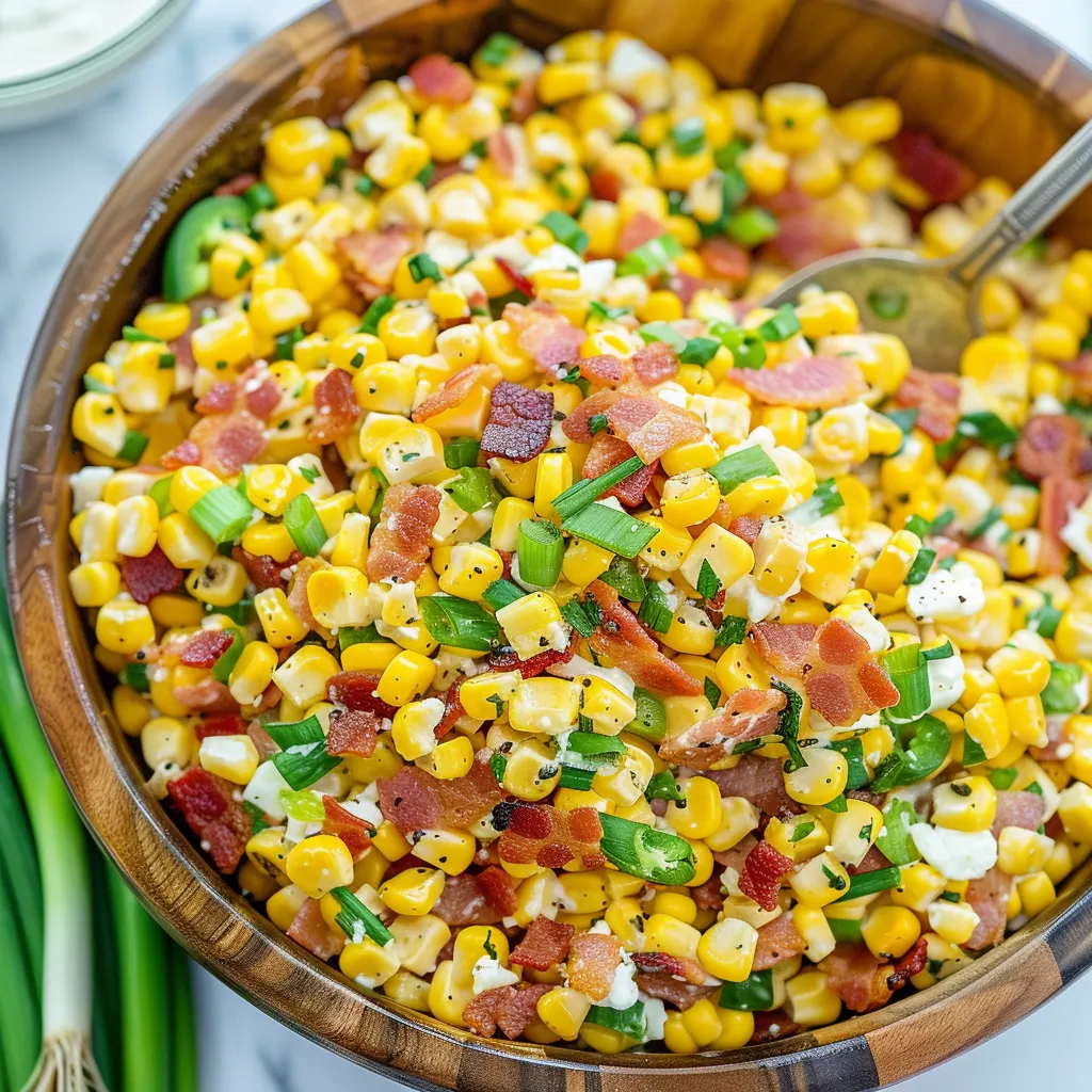 A bowl of corn with bacon and cheese.