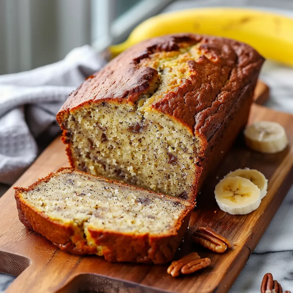 A slice of banana bread on a wooden cutting board.