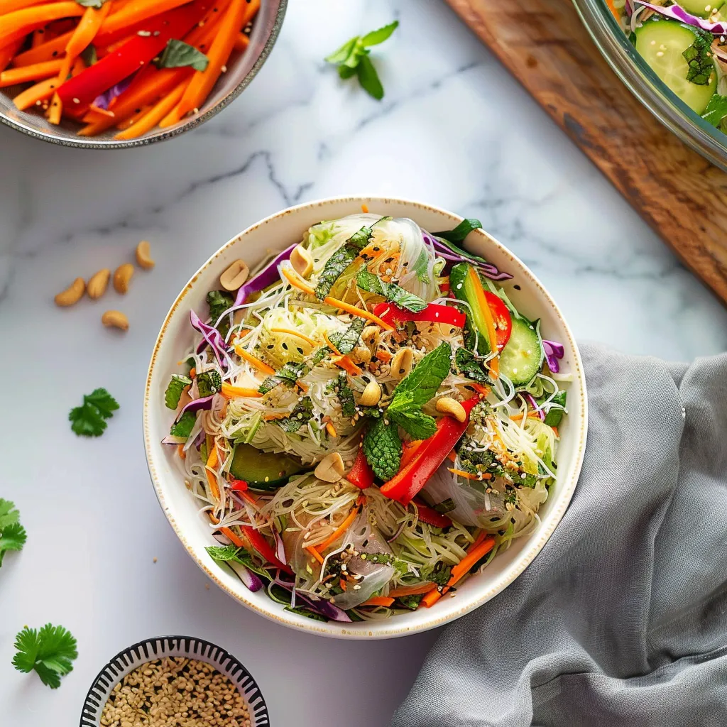 A bowl of vegetables with noodles and mint.