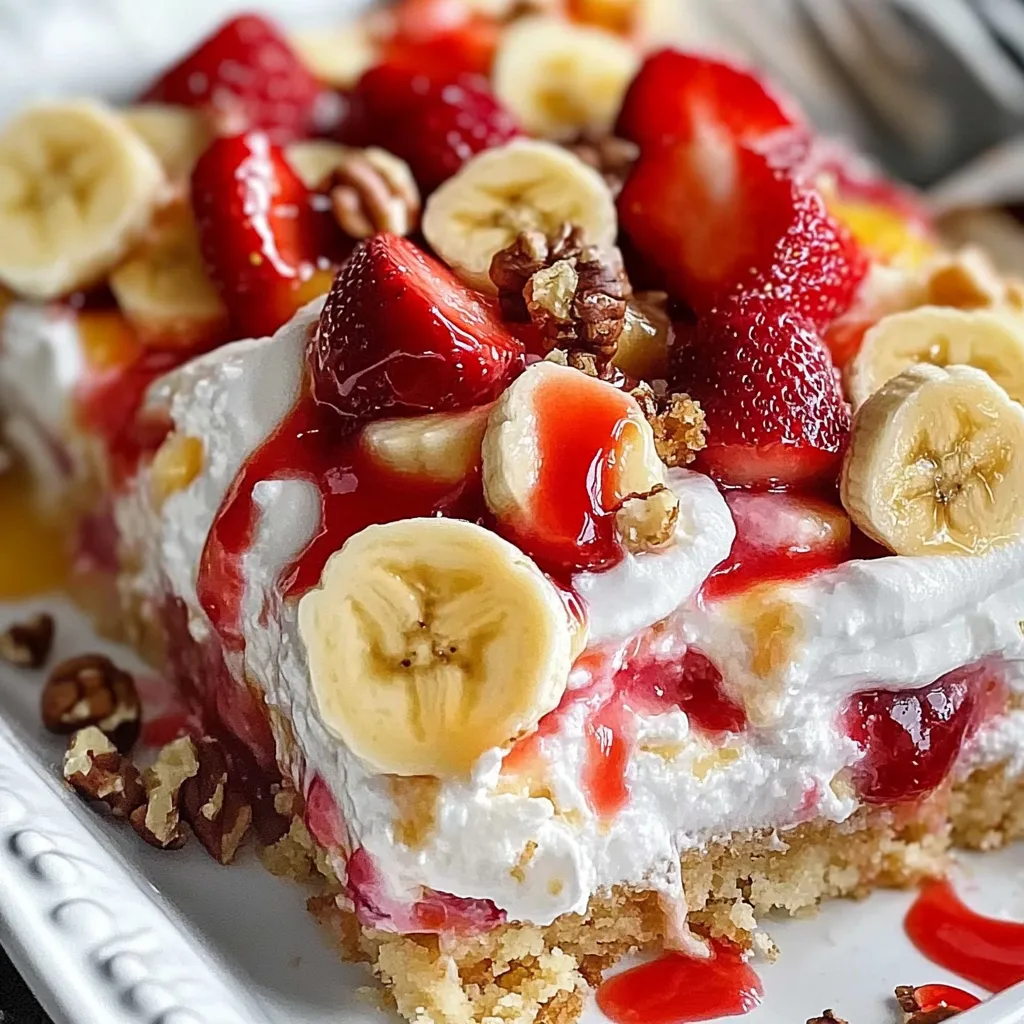 A slice of cake with bananas and strawberries.