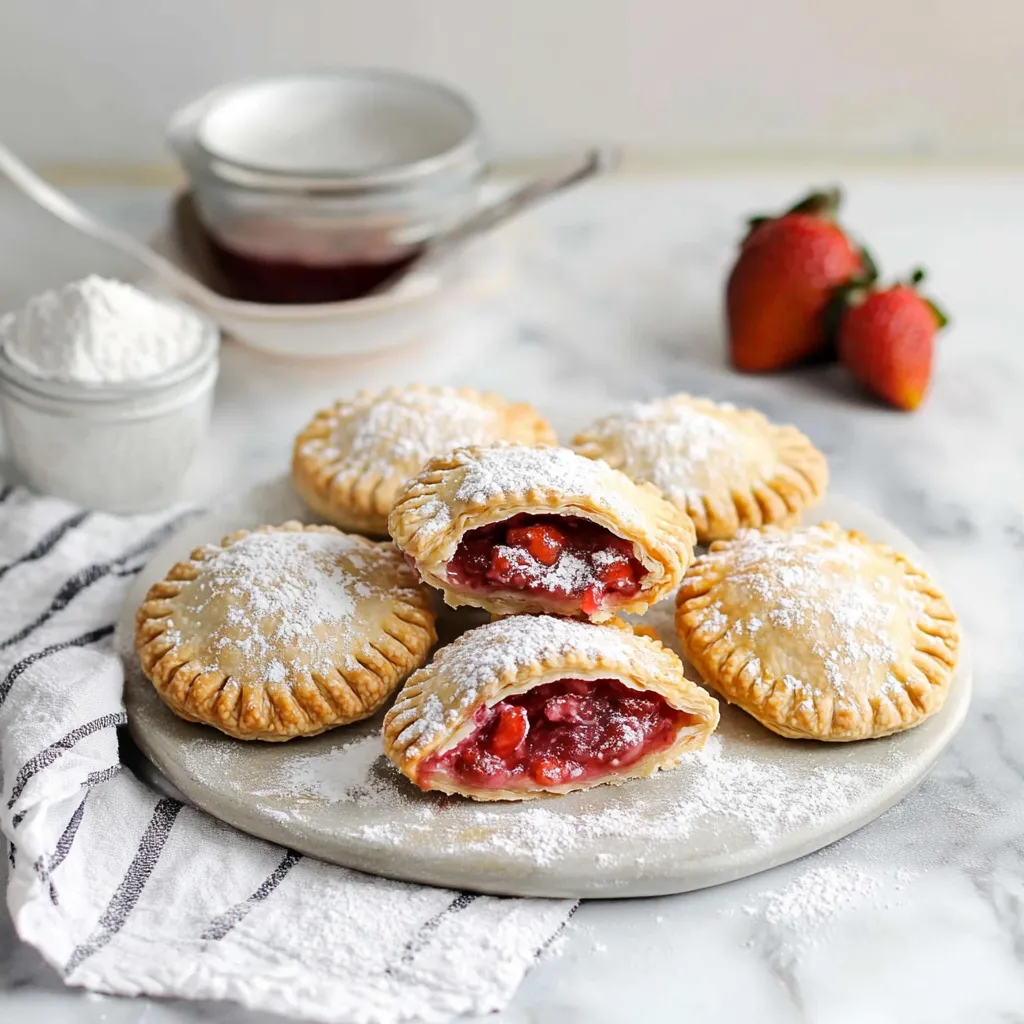 A plate of pastries with powdered sugar and strawberries.