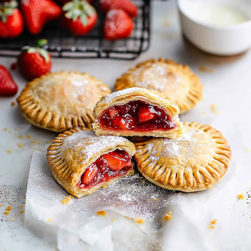 A close up of a pastry with strawberries and powdered sugar.
