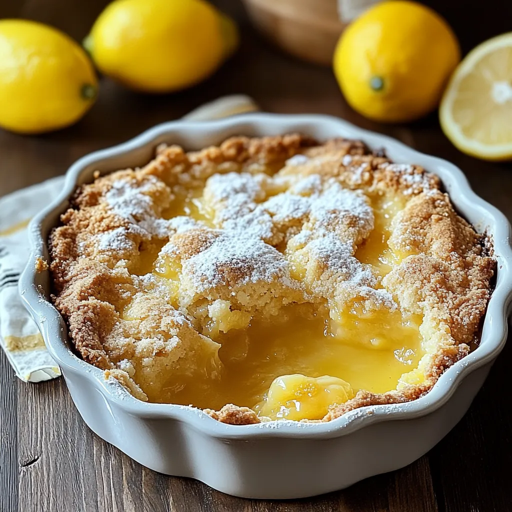 A bowl of lemon cake with powdered sugar on top.
