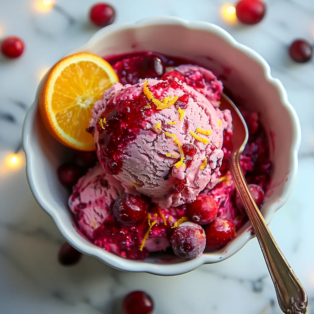 A bowl of pink and red ice cream with orange slices.