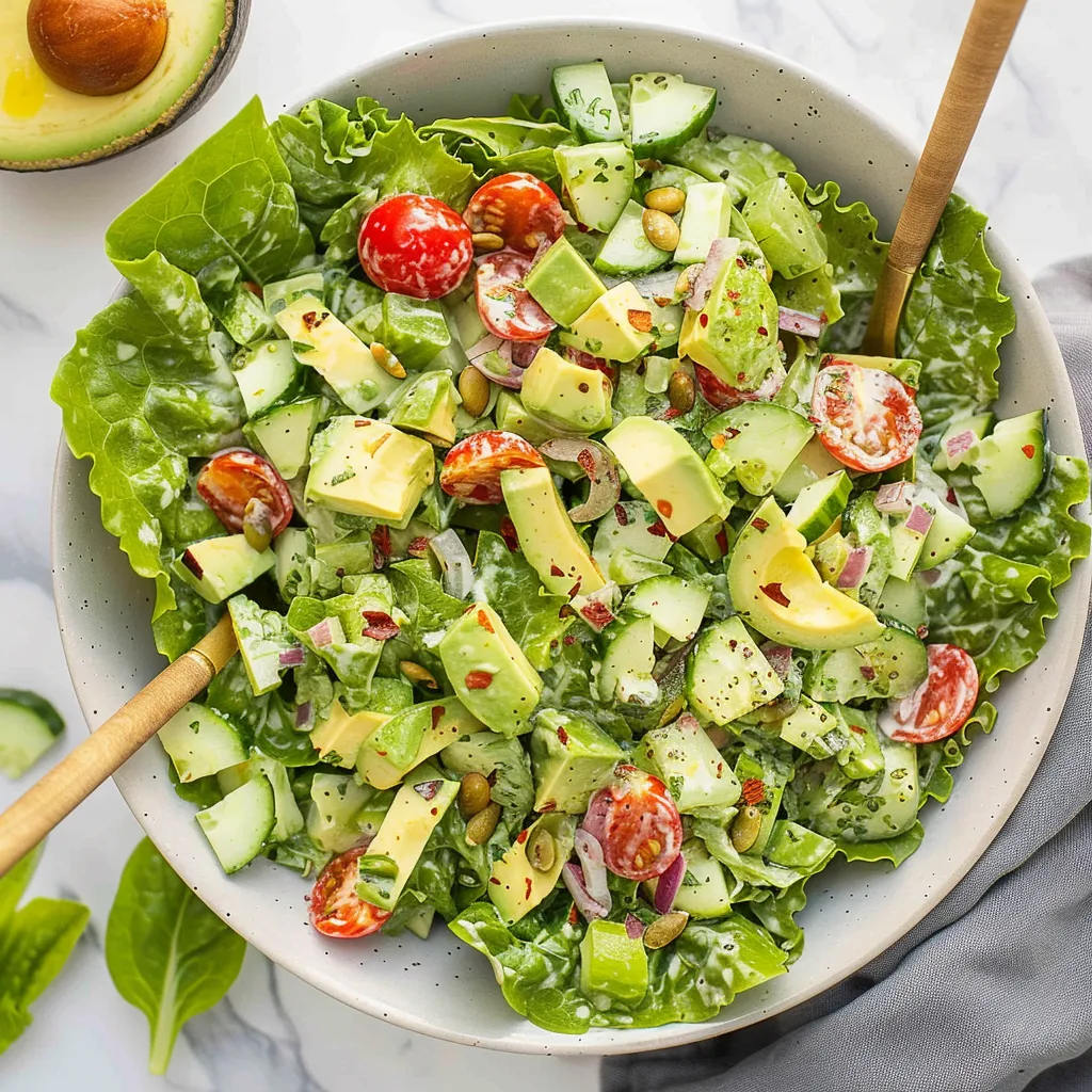 A bowl of salad with tomatoes, lettuce, and avocado.
