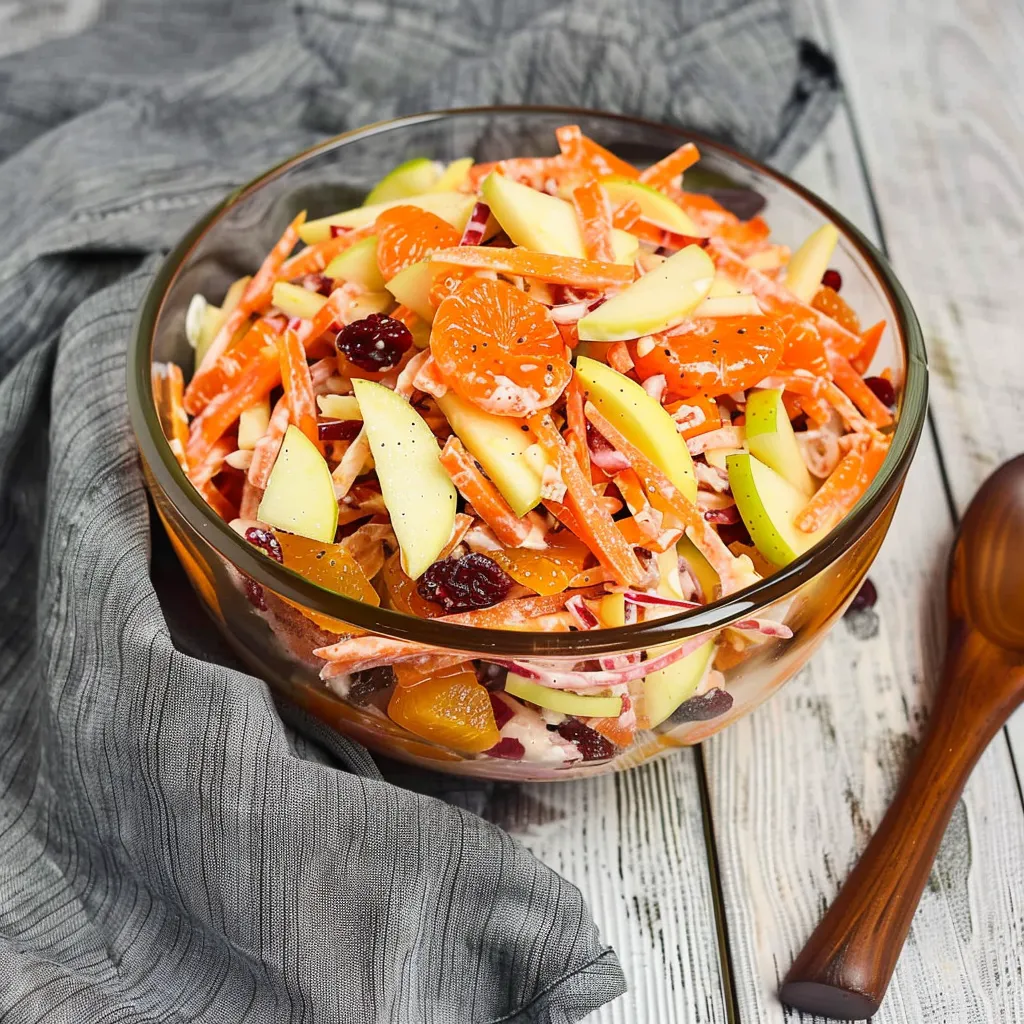 A bowl of fruit salad with apples, oranges, and carrots.