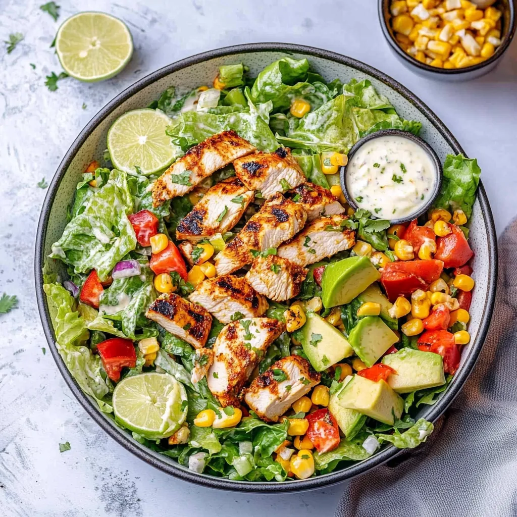A bowl of salad with chicken and avocado.
