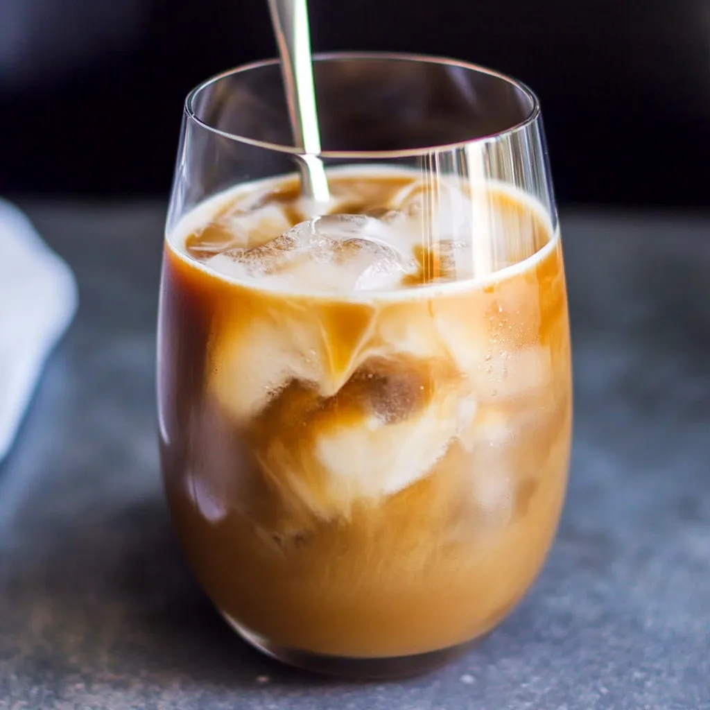 A glass of iced coffee with a straw in it.