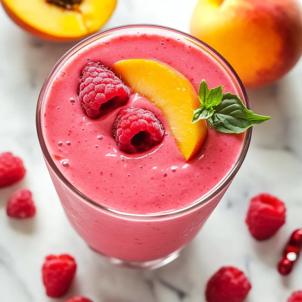 A glass of pink smoothie with a slice of peach on top.