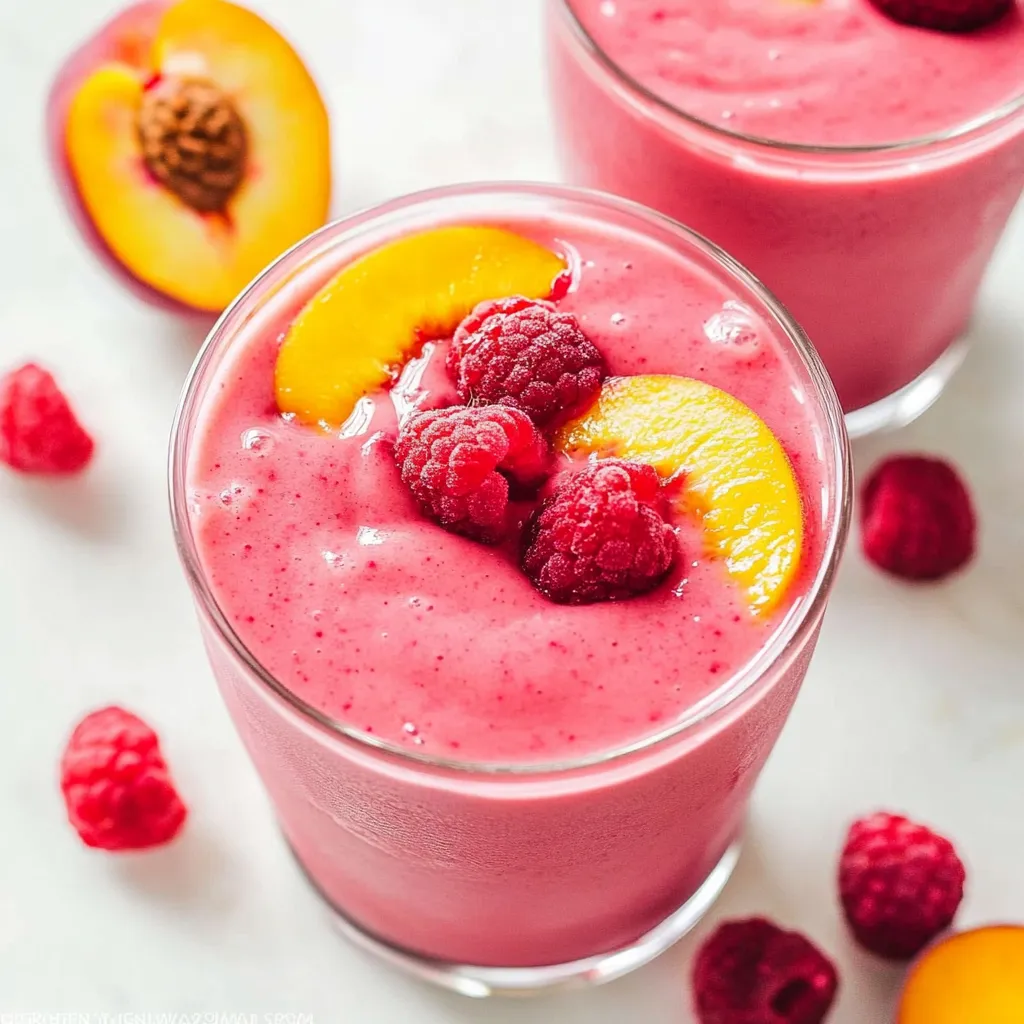 Two glasses of peach smoothie with raspberries on top.