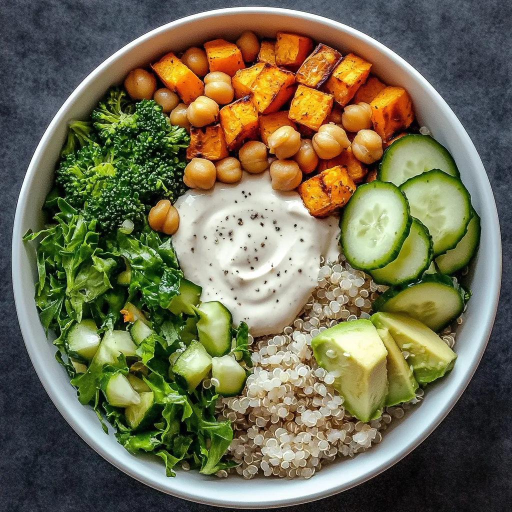 A bowl of food with cucumbers, broccoli, beans, and a dip.