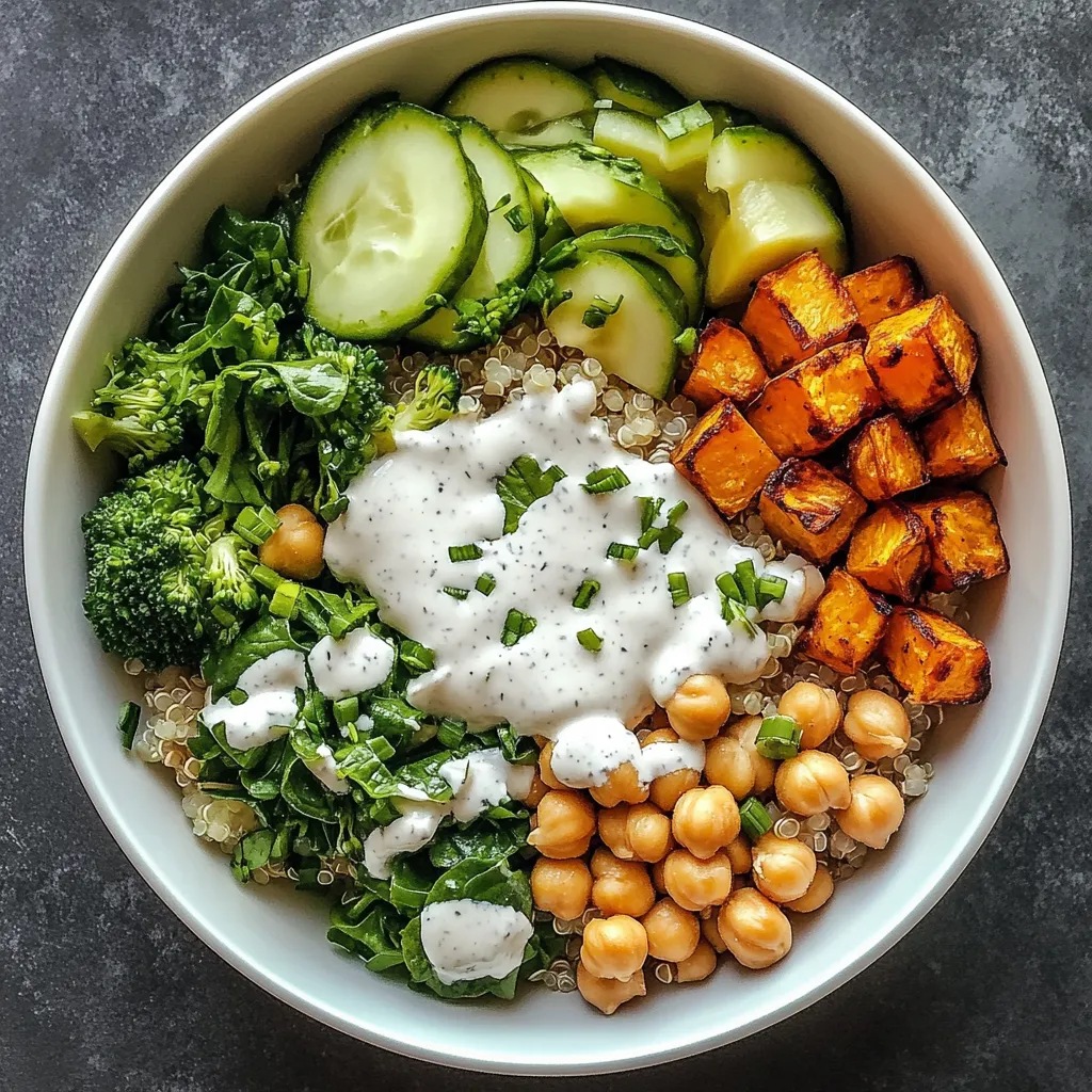 A bowl of vegetables with a white sauce.