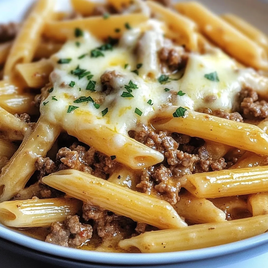 A plate of pasta with meat and cheese.