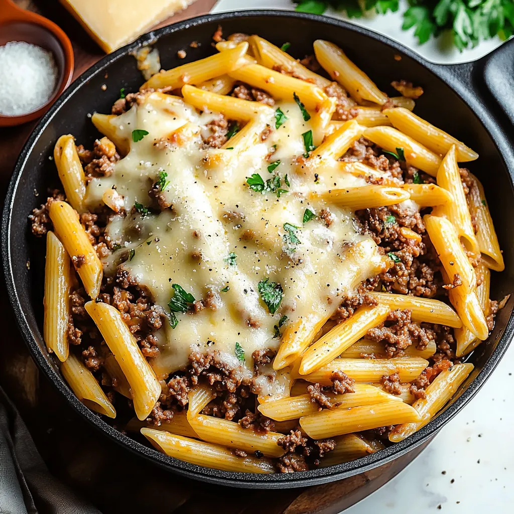 A bowl of pasta with meat and cheese.
