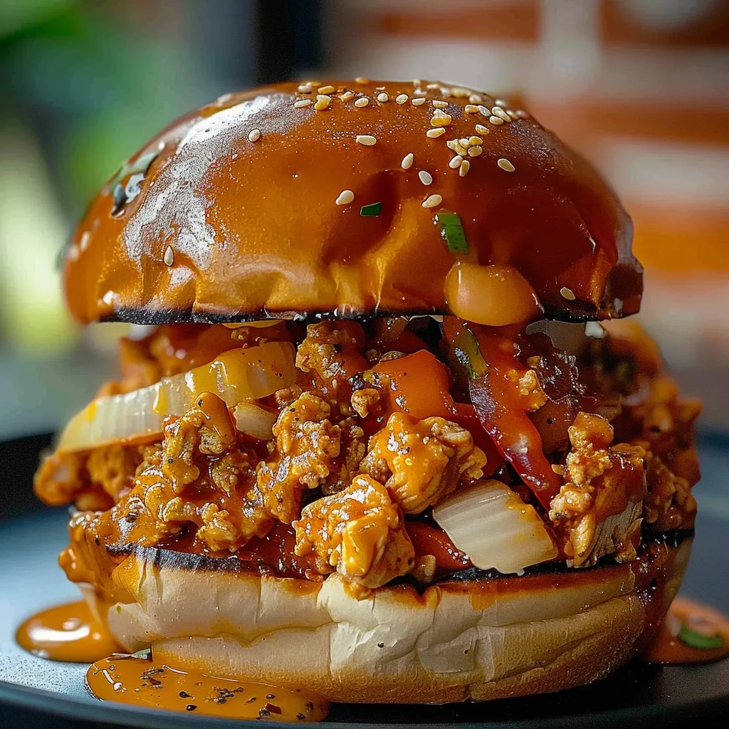 A burger with onions and peppers on a bun.