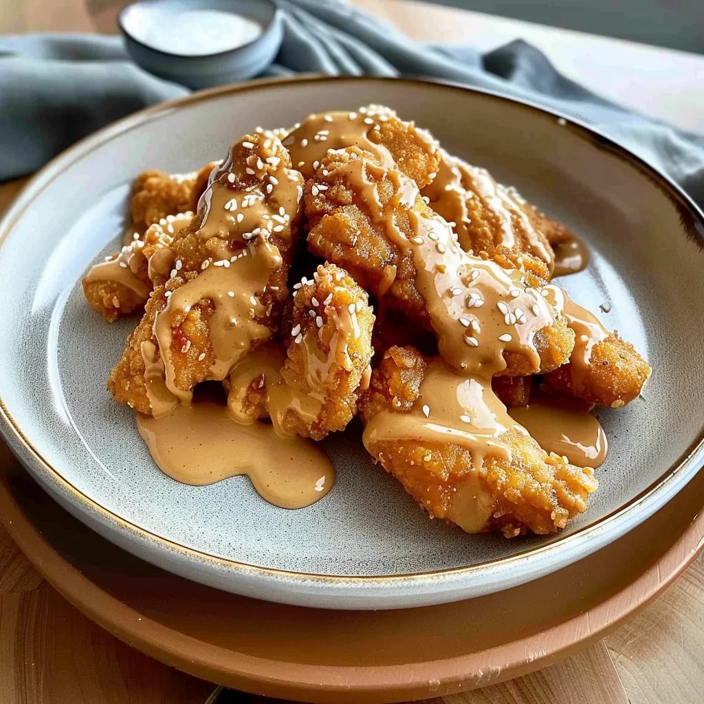 A plate of fried chicken with a brown sauce.