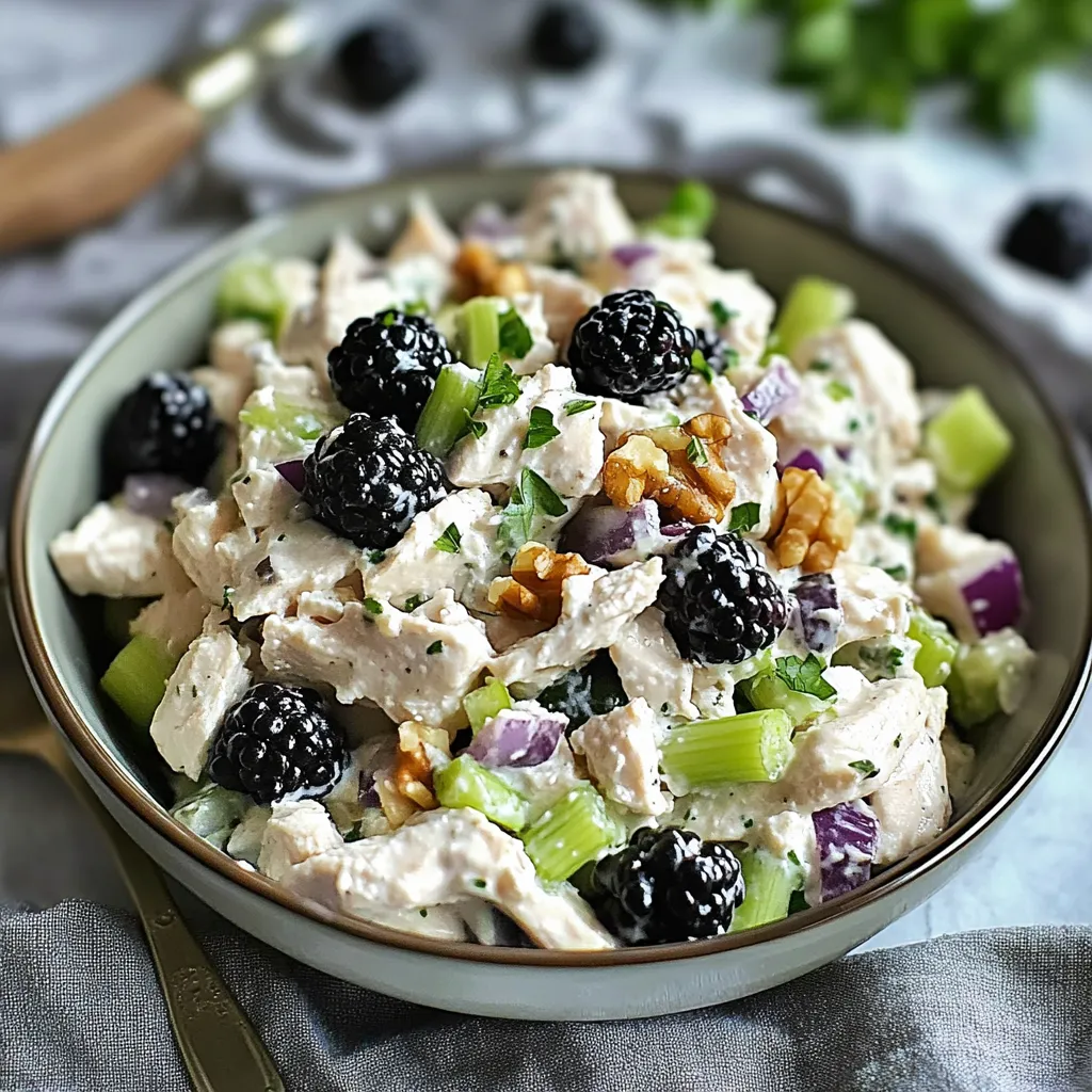 A bowl of food with chicken, blackberries, and green onions.