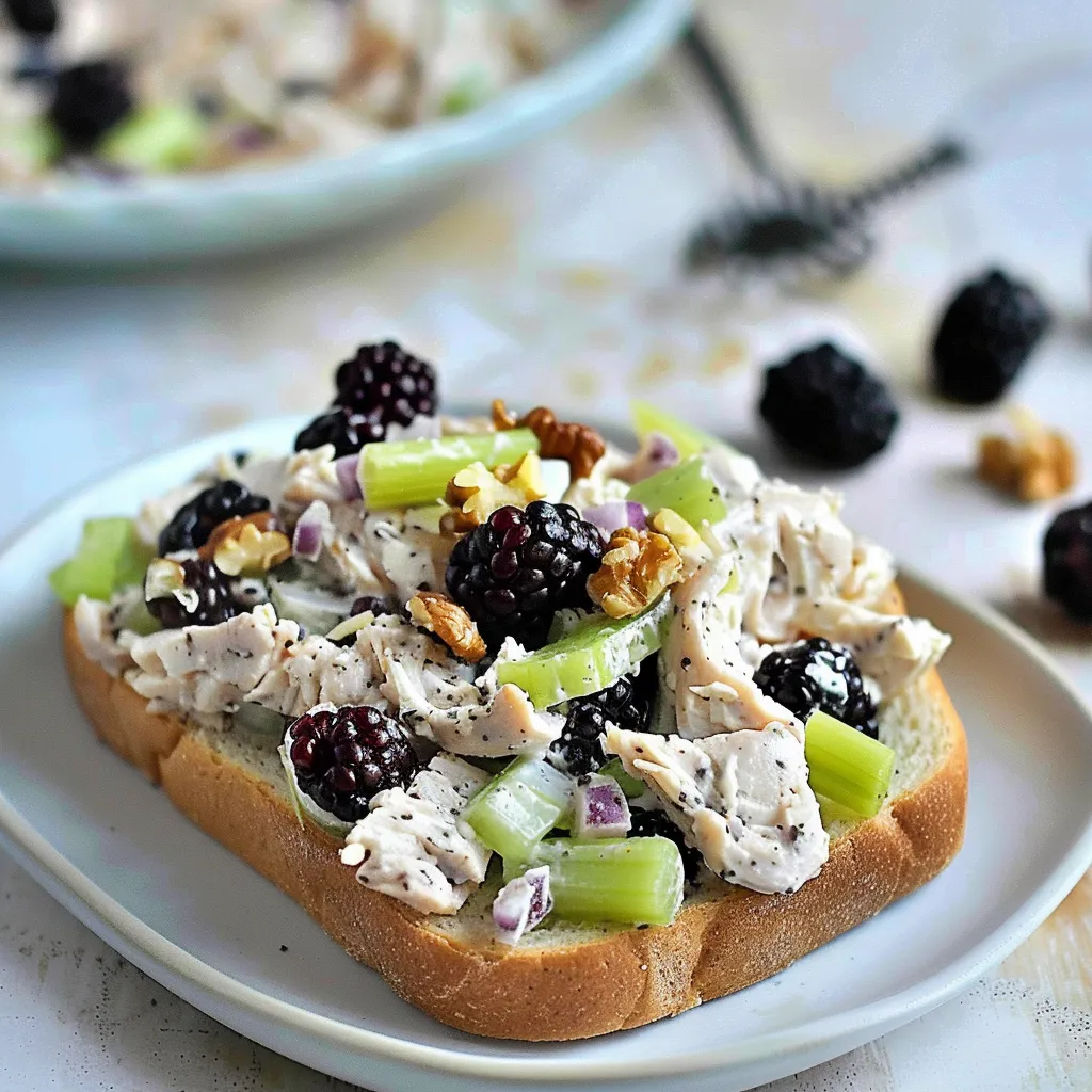 A plate of food with chicken, blackberries, and celery.