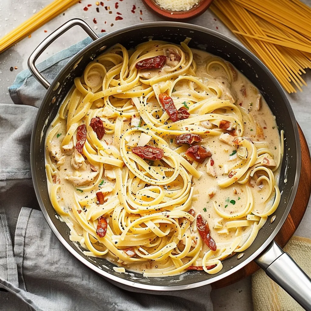 A bowl of pasta with red peppers and cheese.