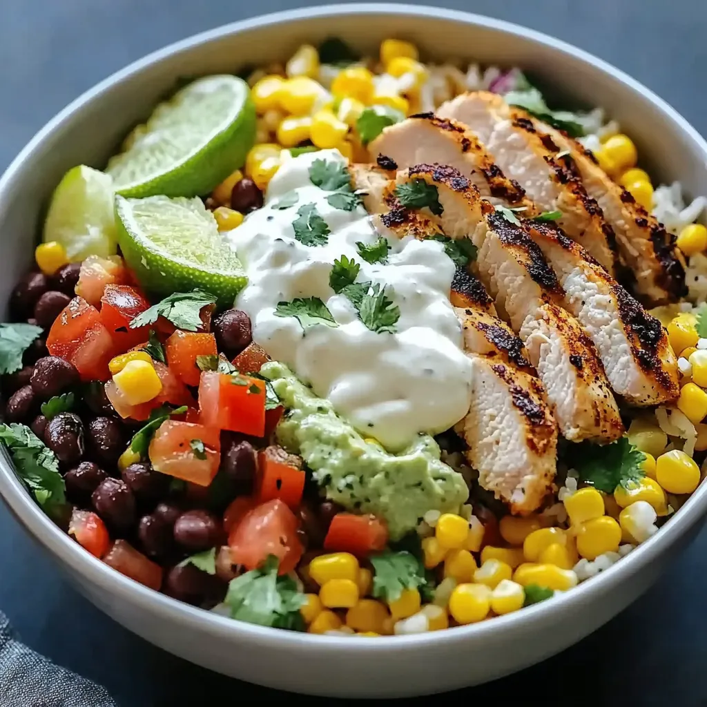 A bowl of food with chicken, corn, and avocado.